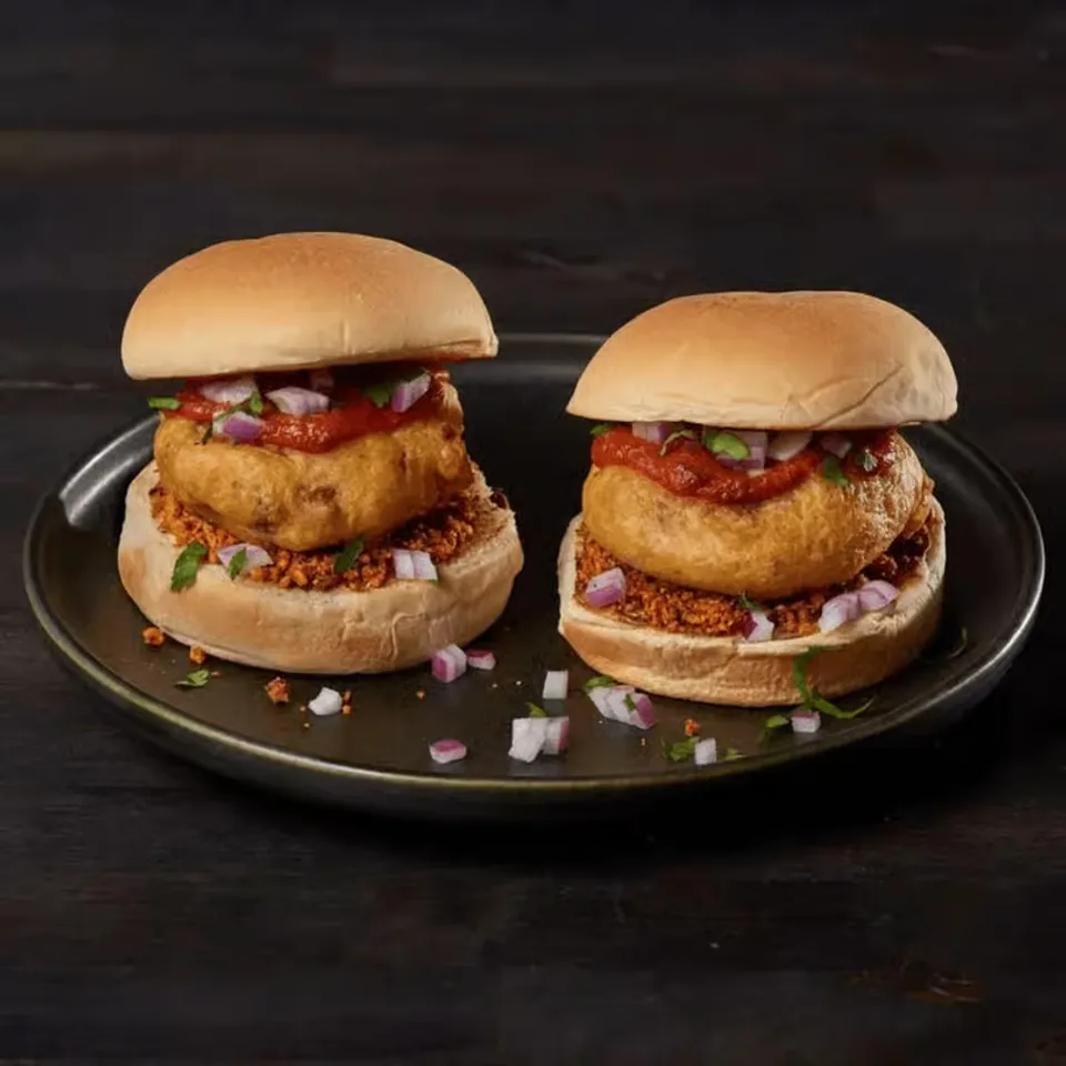 Two sandwich burgers with crispy patties, sauce, and diced onions on a dark plate.