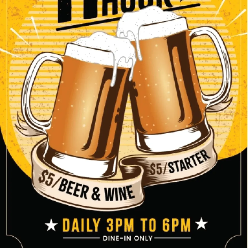 Two frothy beer mugs clink together with a bright yellow background, promoting a happy hour special.