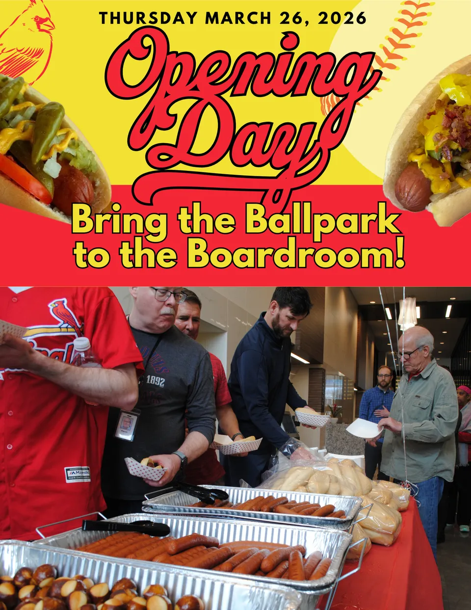 A flyer promoting St Louis Cardinals Opening Day Catering that says "Bring the Ballpark to the Boardroom"