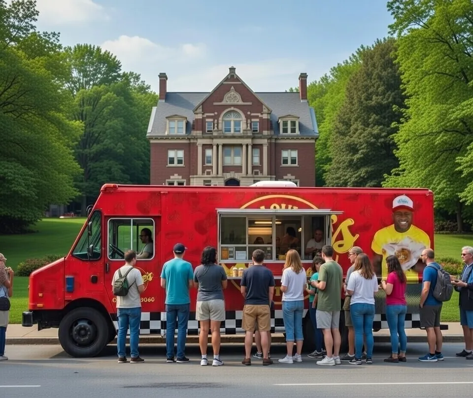 Line of people wait outside Steve's Hot Dogs food truck parked on city street.