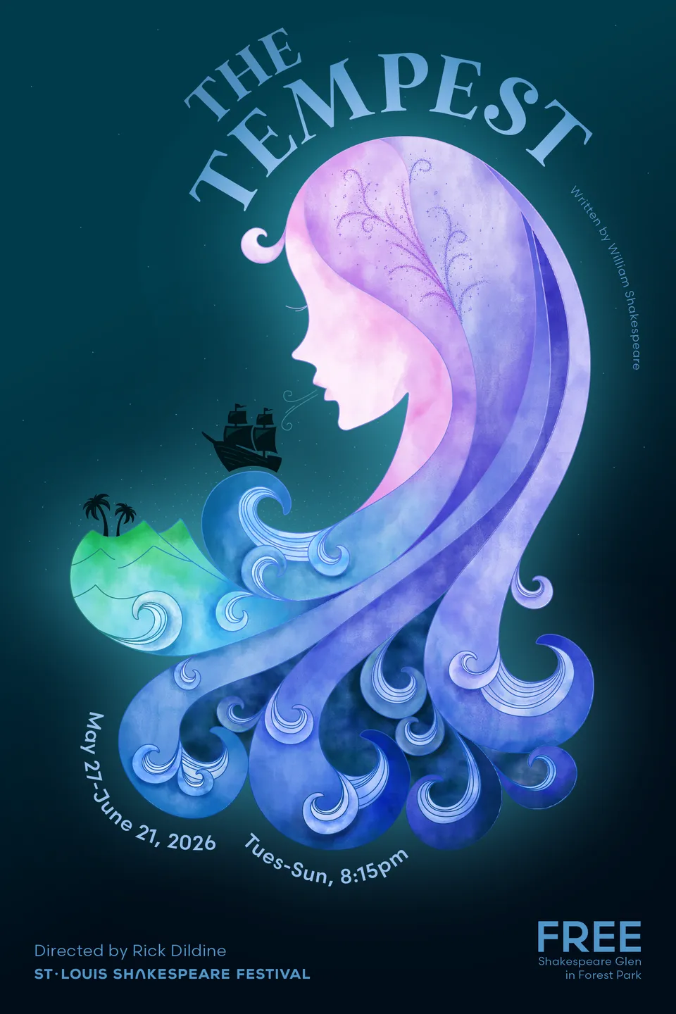 The Tempest Poster shows a woman with long hair, the logo and the dates of May 27 through June 21