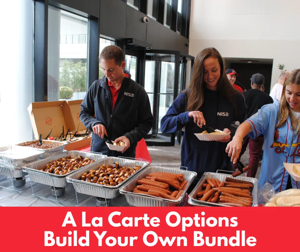 An image that says "A La Carte Options Build Your Own Bundle" with people eating from a hot dog buffet