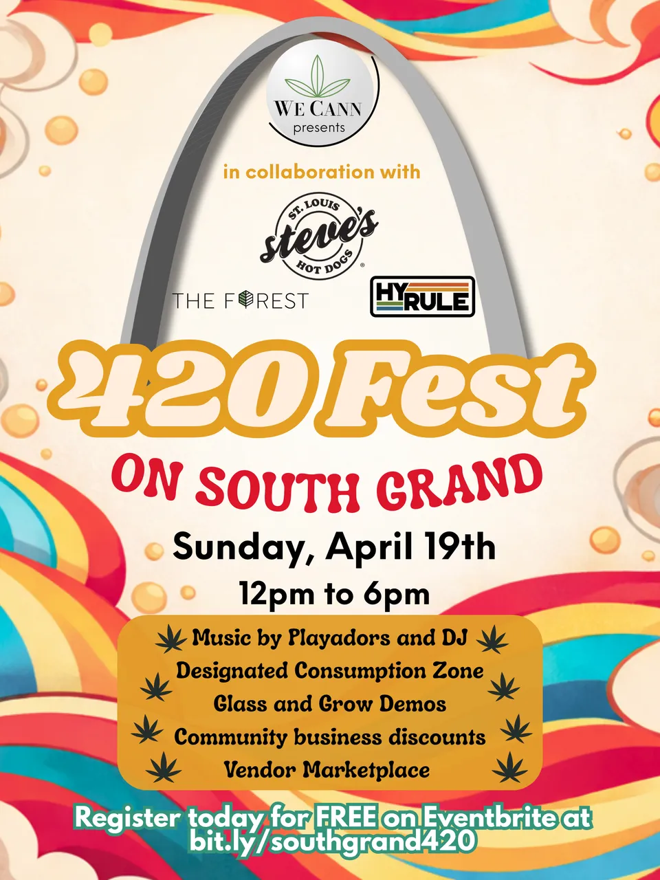 A poster for 420 Fest on South Grand that says Sunday April 19th 2026 from 12 pm to 6 pm. Remaining details in blog body.