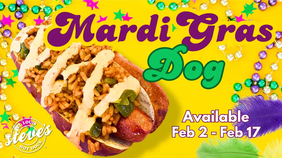 Image that says Mardi Gras Dog available Feb 2 through 17 with a hot dog topped with jambalaya and cream sauce.