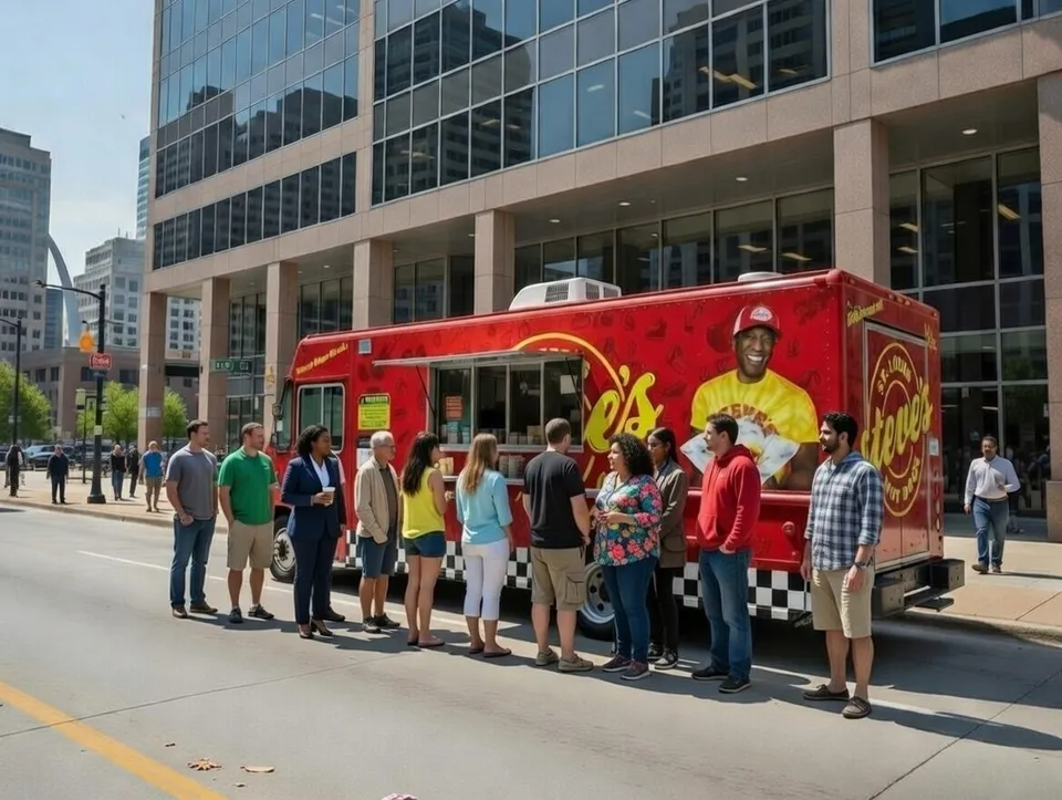 A group of people stand in the street ordering food