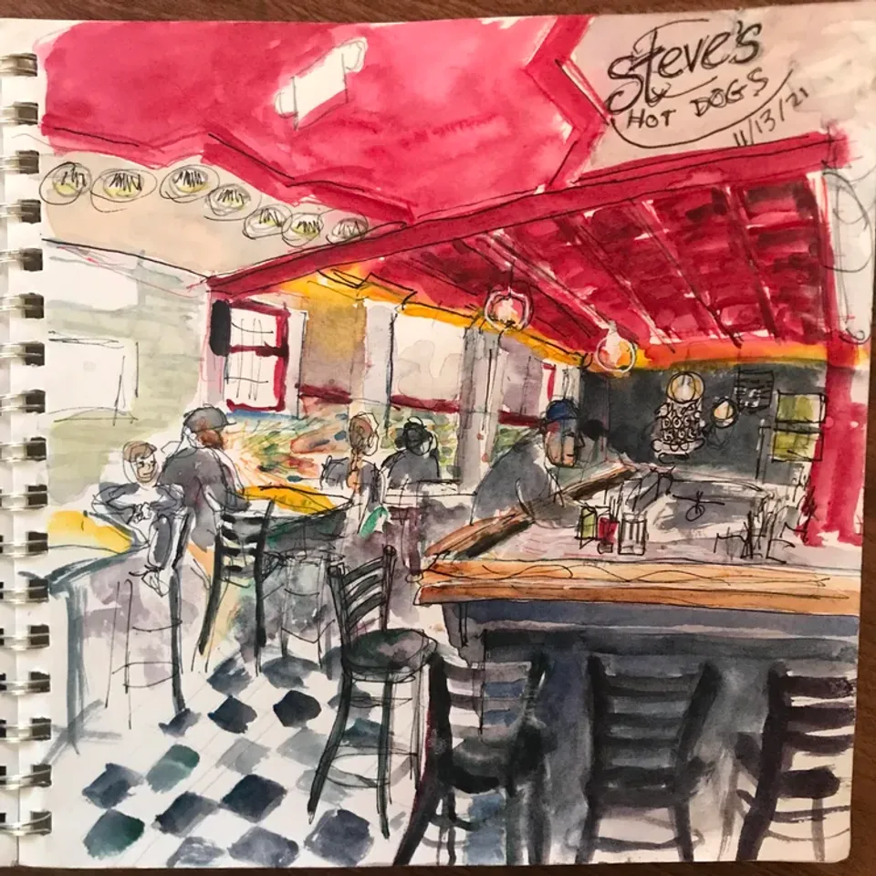 Watercolor painting of the Steve's Hot Dogs South Garnd location by a customer showing people gathered at the bar.