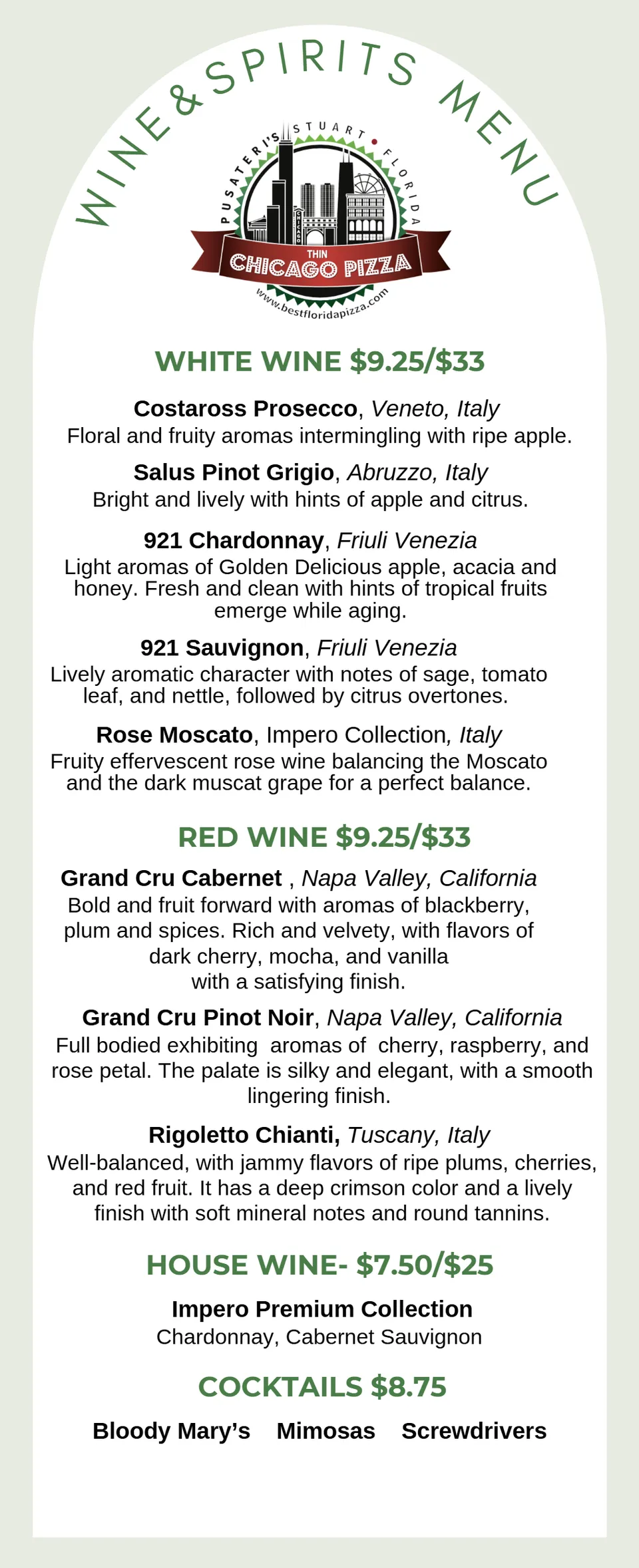 Wine & Spirits Menu